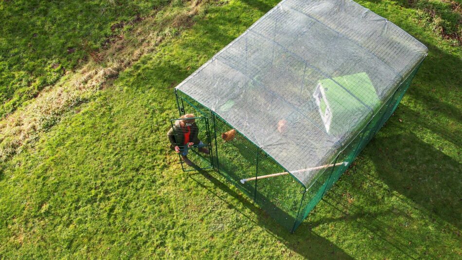 Bird's eye view of Omlet Walk In Chicken Run with weather protection cover