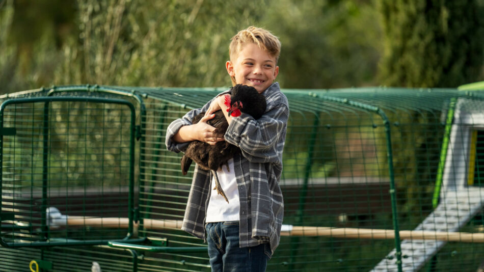 Little-boy-holding-chicken-next-to-the-Omlet-Eglu-Pro