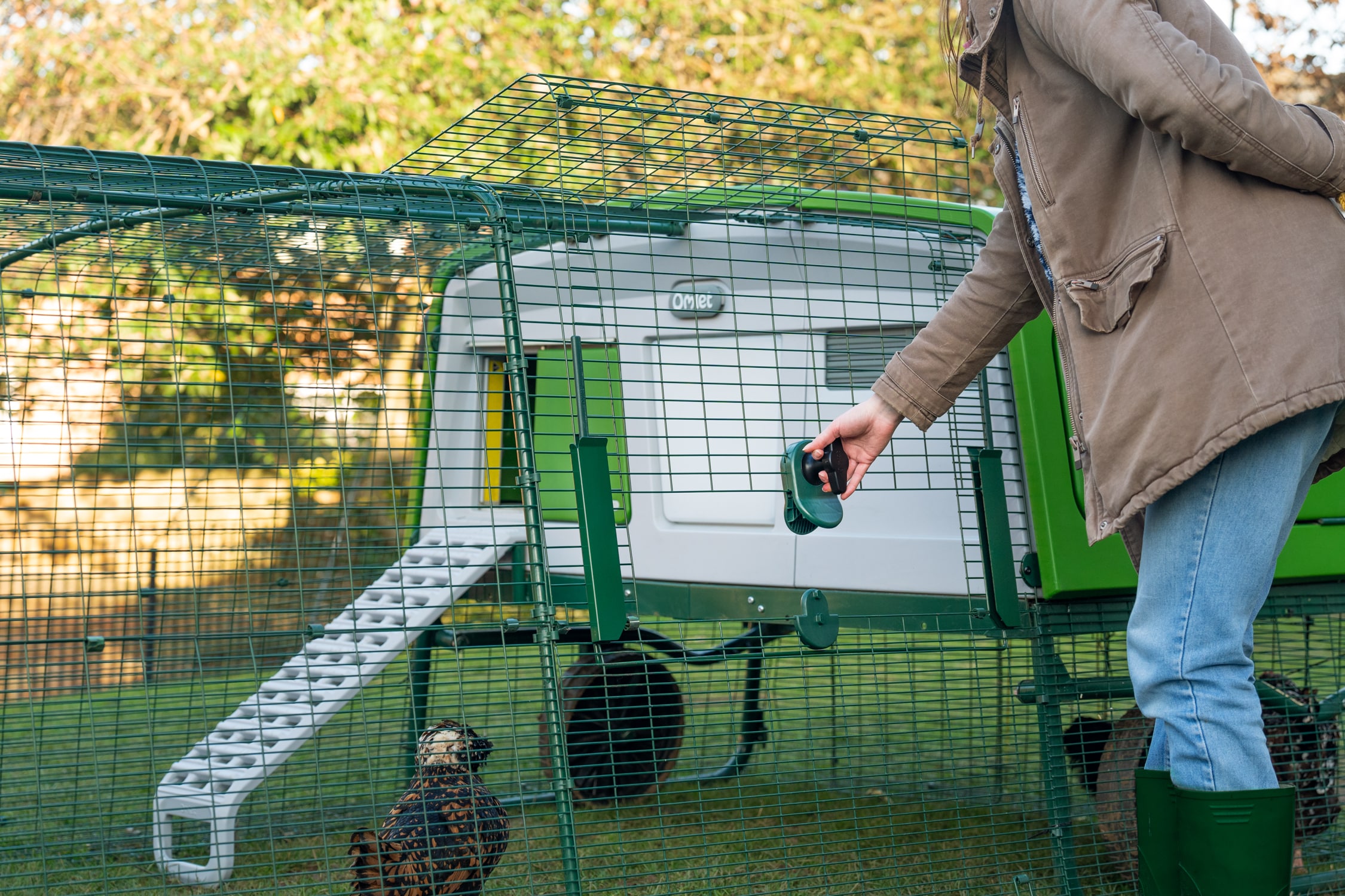 woman opening eard on eglu pro